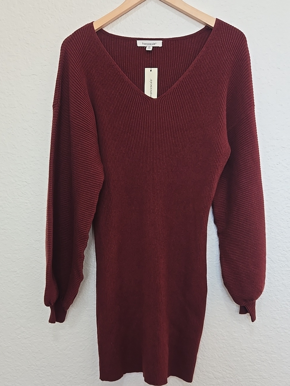 Francesca's Collections Burgundy Ribbed V-Neck Long-Sleeve Sweater Dress